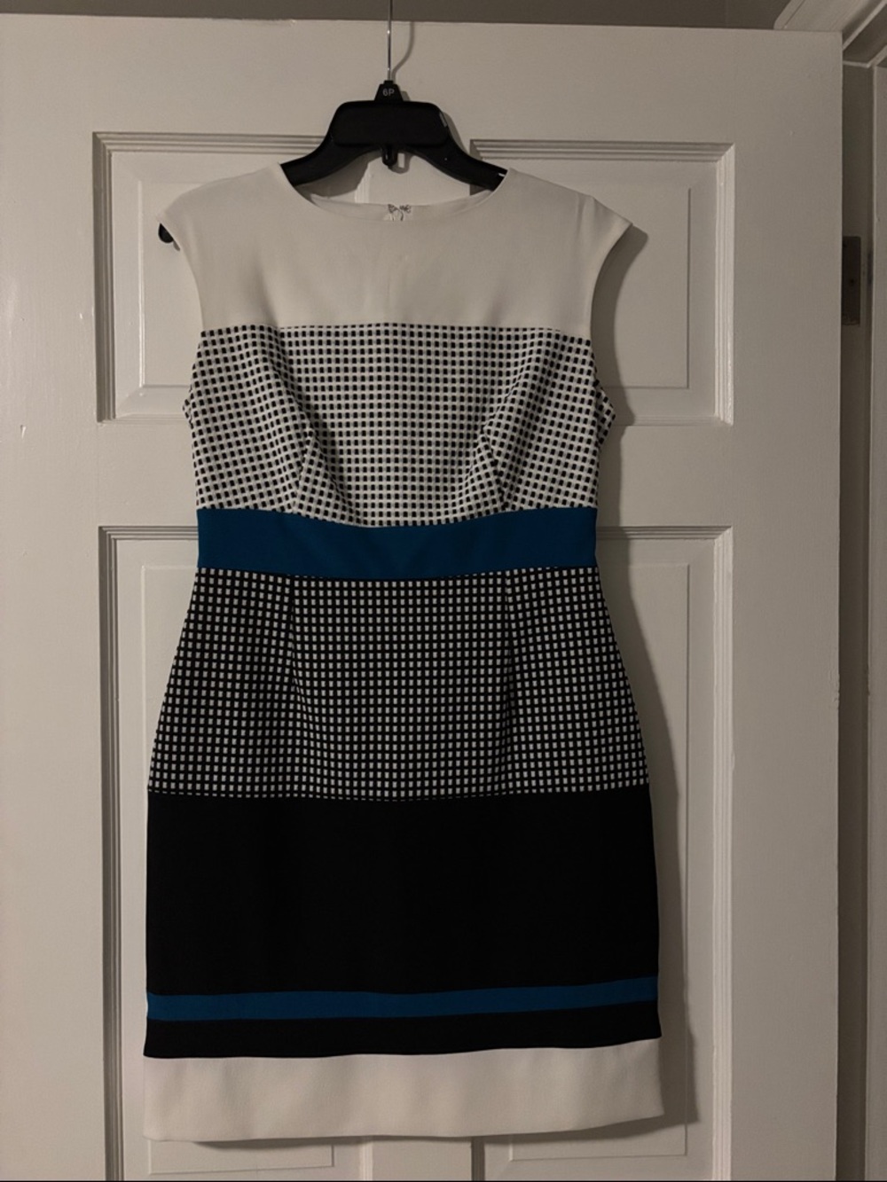 White, Black & Blue Colorblock Midi Sheath Dress